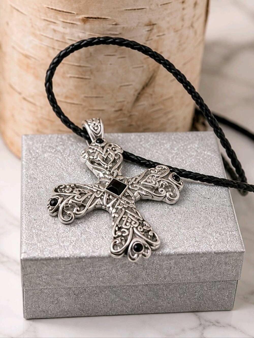 Vintage Gothic Silver Tone Cross Signed MJ Black Rhinestones Magnetic Pendant